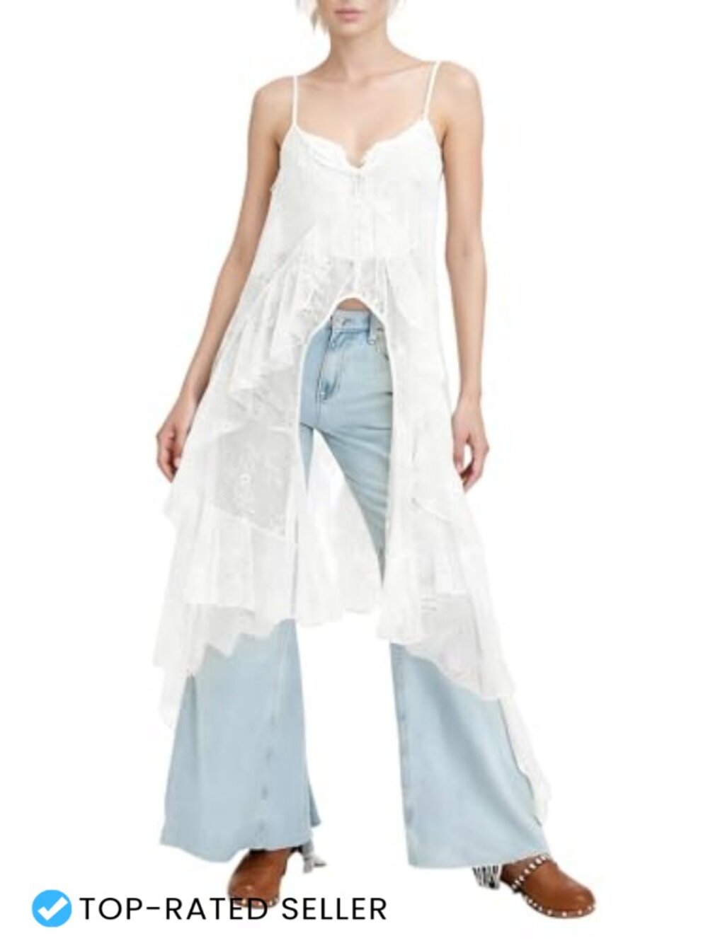 Women's Lace Spaghetti Strap Flowy Cami Top Sheer Mesh High Low Ruffle Hem